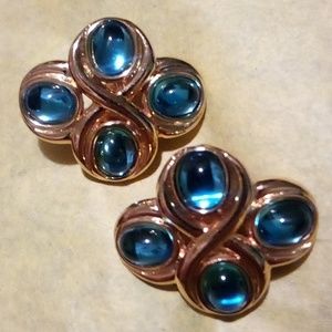 Beautiful Vintage Monet Gripoix Style Blue Cabochon Gold Tone  Clip On Earrings
